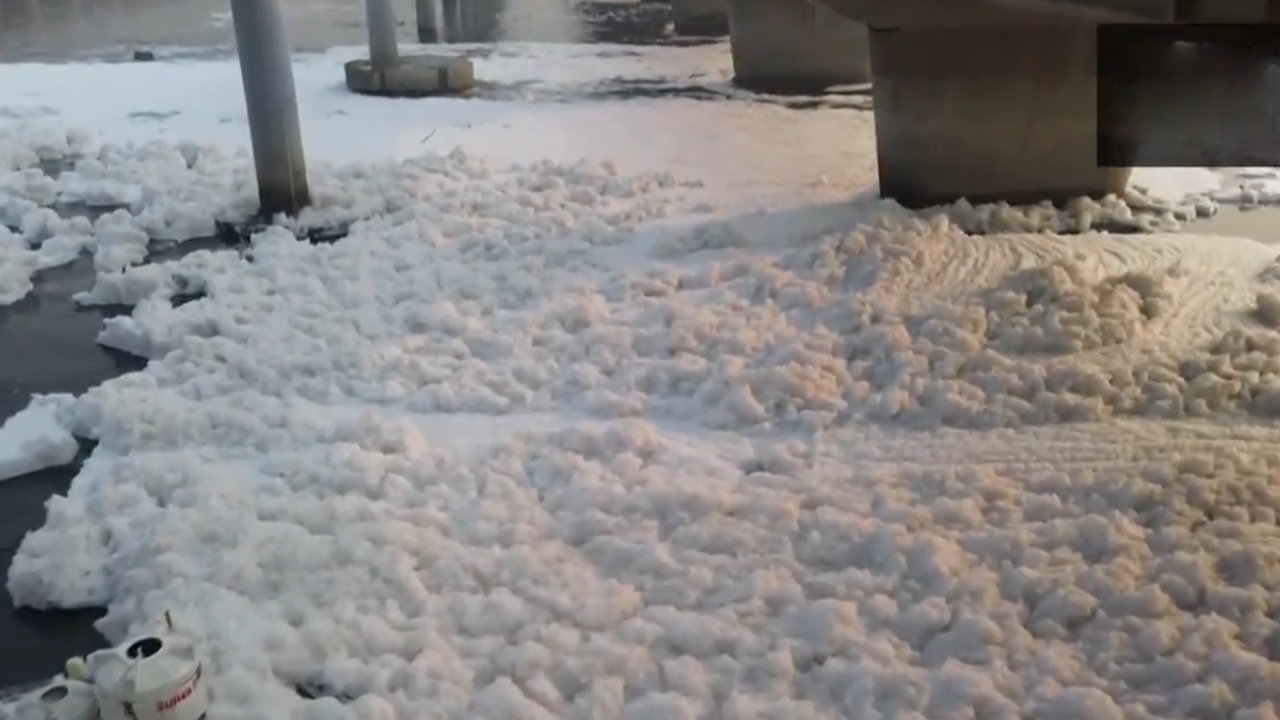 Taxic foam | యమునా నదిలో పెరుగుతున్న కాలుష్యం.. దట్టంగా పేరుకున్న విషపు నురగలు.. Video