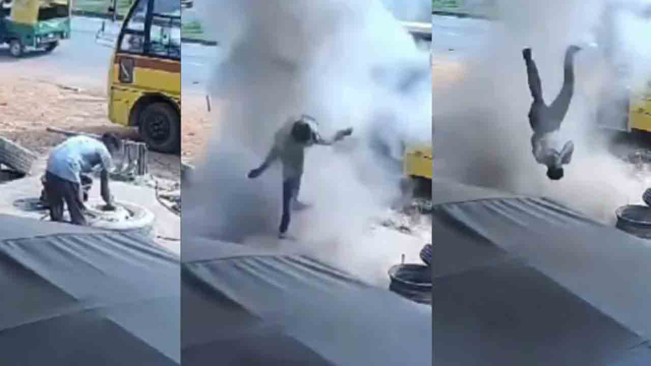 Watch: పేలిన స్కూల్‌ బస్సు టైరు.. గాలిలోకి ఎగిరిపడిన మెకానిక్‌