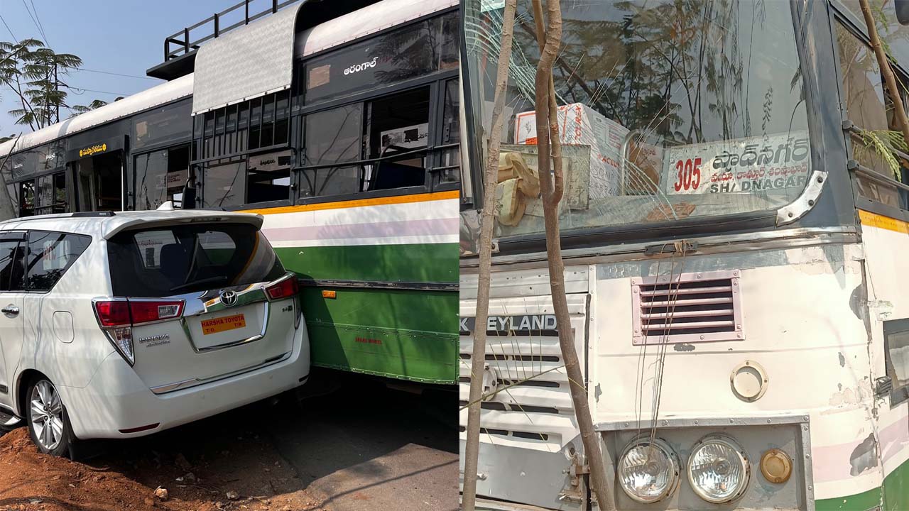 Nandigama | అదుపు తప్పి కారును ఢీకొట్టిన ఆర్టీసీ బస్సు.. ప్రయాణికులకు తప్పిన ప్రమాదం..!