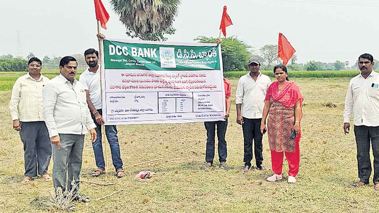 అప్పు చెల్లించలేదని భూమి స్వాధీనం.. గిరిజన రైతు భూమిలో డీసీసీబీ జెండా