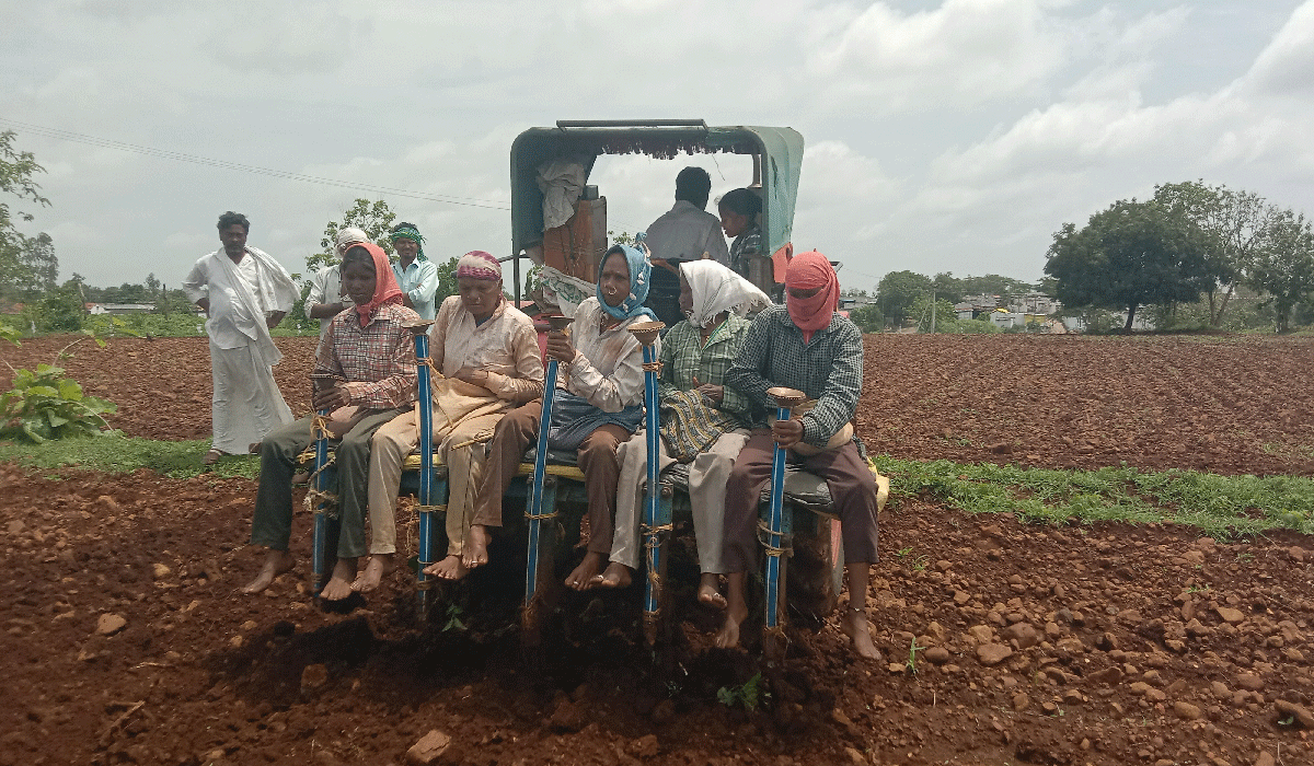 Cultivator sowing | ఆదివాసీ గిరిజన యువ రైతు అలోచన అదుర్స్.. ట్రాక్టర్ కల్టివేటర్ పై కూర్చుని విత్తుతున్న కూలీలు