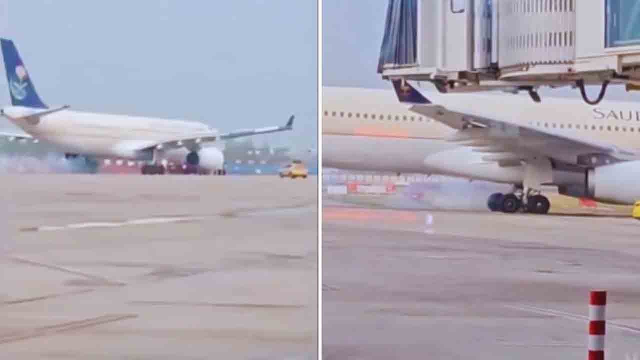సౌదీ విమానం టైర్ల నుంచి పొగలు