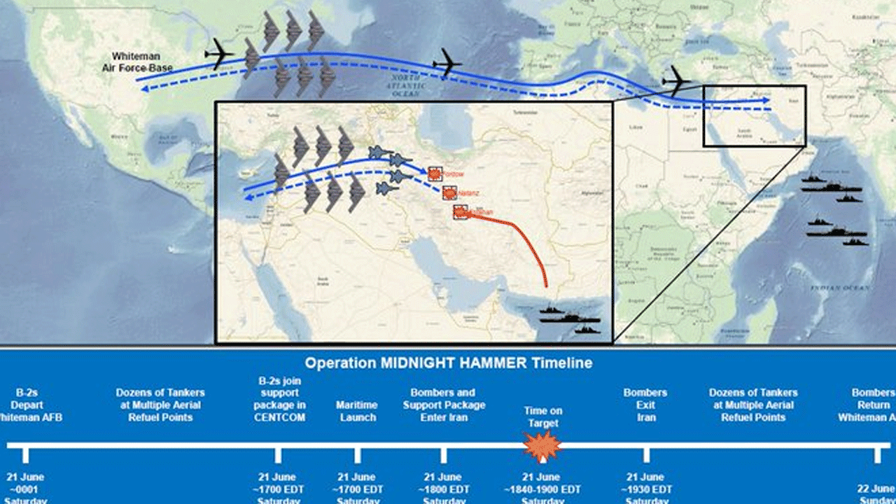 Operation Midnight Hammer: ఆప‌రేష‌న్ మిడ్‌నైట్ హ్యామ‌ర్‌… 7 బీ2 విమానాలు.. 14 ఎంఓపీ బాంబులు.. ఇదీ ఫ్ల‌యిట్ రూట్