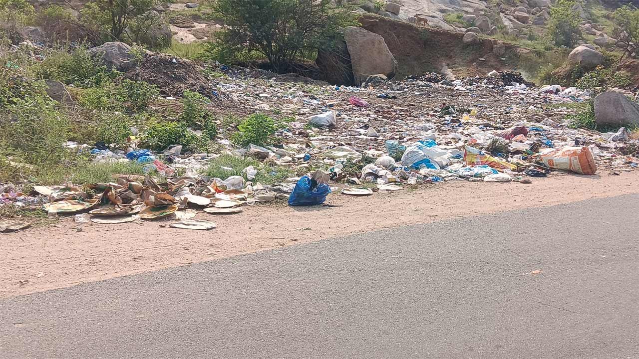 పారిశుద్ధ్య నిర్వహణలో నిర్లక్ష్యం.. మాడ్గుల కాలేజీ ముందు పేరుకుపోతున్న వ్యర్థాలు