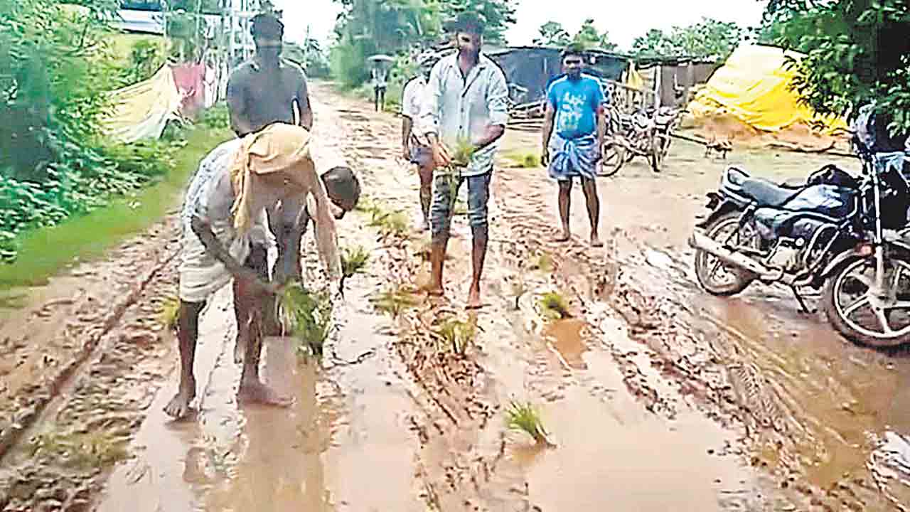 రోడ్లపై కాంగ్రెస్‌ నేతల వరినాట్లు.. జగిత్యాల జిల్లా వెంకటాపూర్‌లో ఘటన