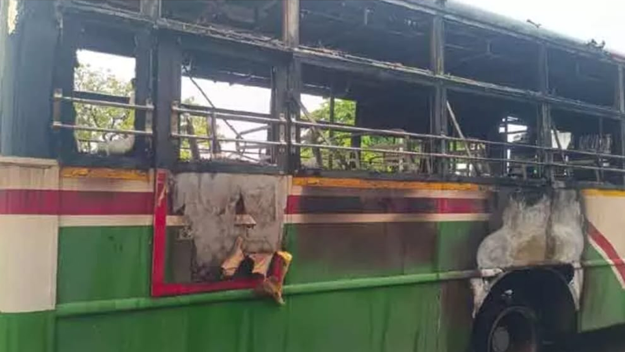 RTC Bus Catches Fire | తడకమల్లలో ఆర్టీసీ బస్సుకు నిప్పుపెట్టిన దుండగులు..!