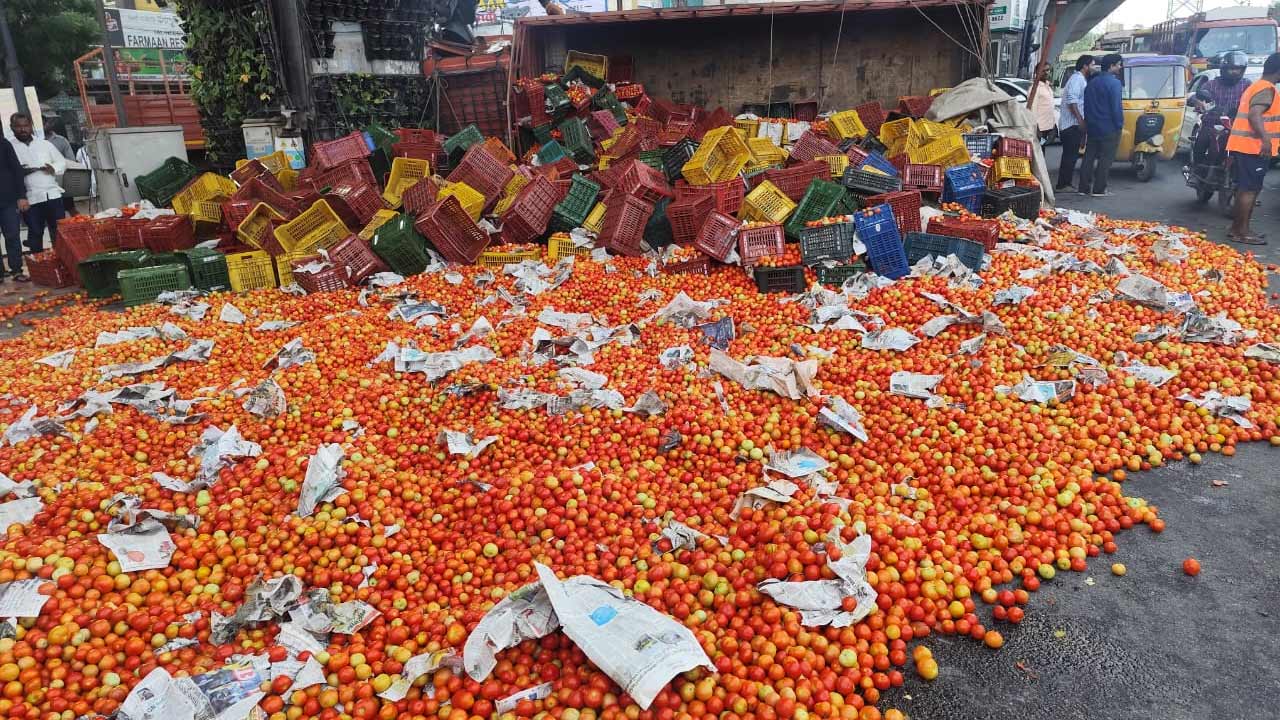 డివైడర్‌ను ఢీకొట్టి బోల్తా కొట్టిన లారీ.. రోడ్డుపై పడిపోయిన టమాటాలు