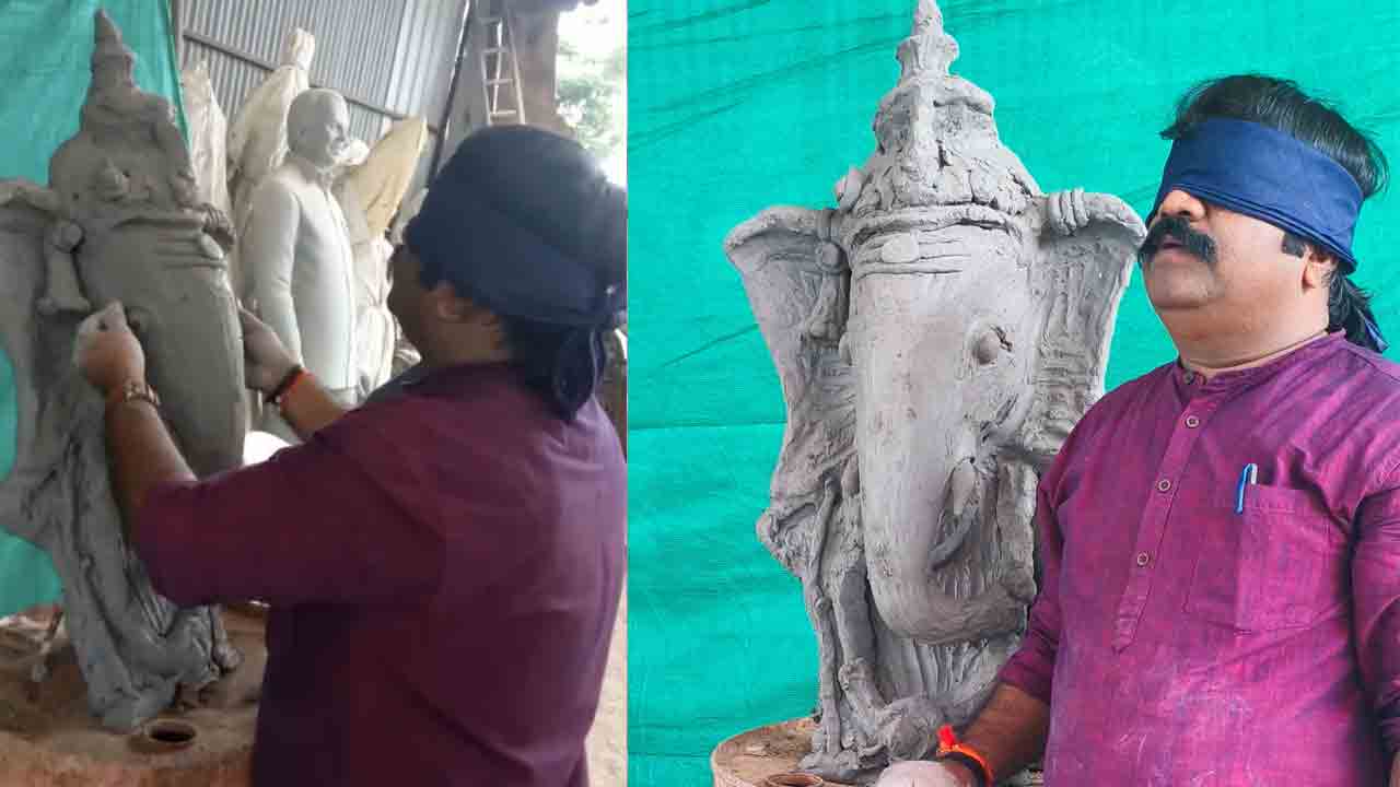 Clay Ganesh | కండ్లకు గంతలు కట్టుకొని.. కేవలం 54 నిమిషాల్లో గణనాథుని విగ్రహం తయారీ