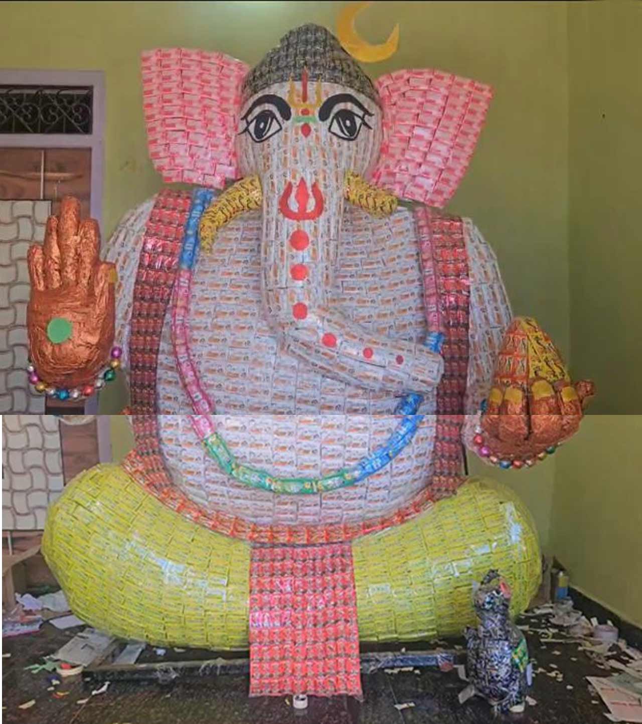 Unique Ganesh idol made with Santoor, Lux soaps and shampoos during Vinayaka Chavithi celebrations in Anantapur