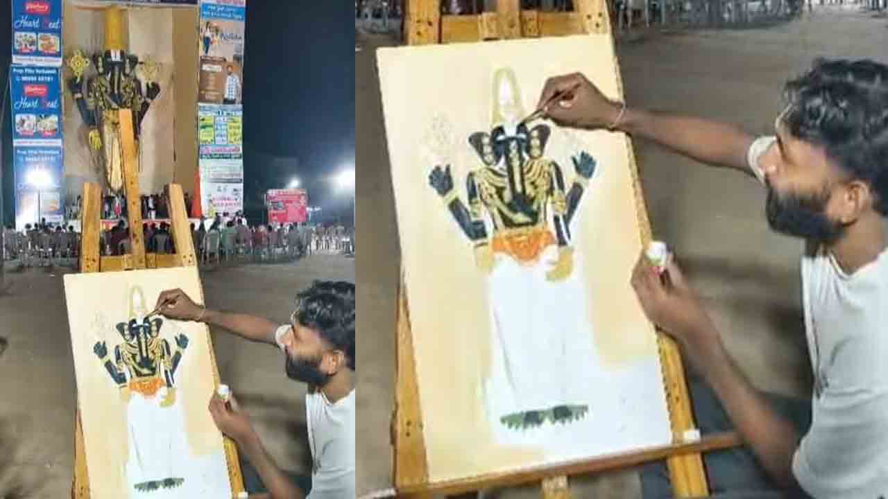 Peddapallyi | భారీ గణనాథుని బొమ్మ గీసిన యువ కళాకారుడు.. సన్మానించిన నిర్వాహకులు..!