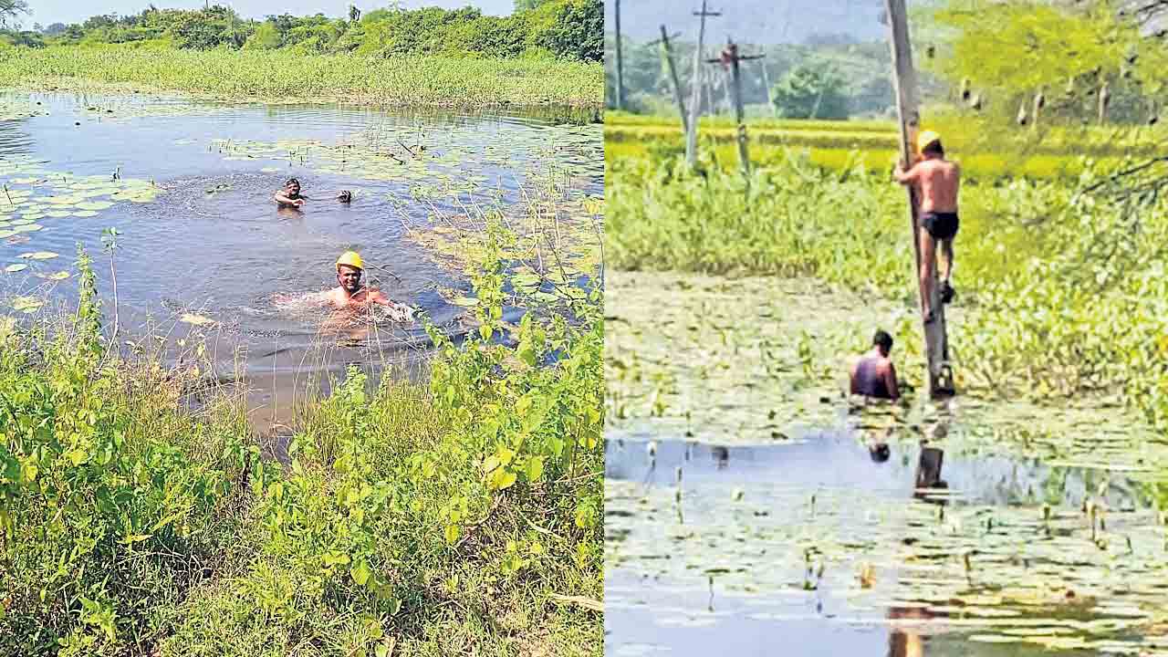 ఈదుకుంటూ వెళ్లి..ఇన్స్‌లేటర్‌కు మరమ్మతులు