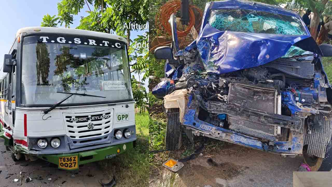 Bus Accident | ఎదురెదురుగా వచ్చి.. ఒకదానికొకటి ఢీకొన్న బస్సు, కారు