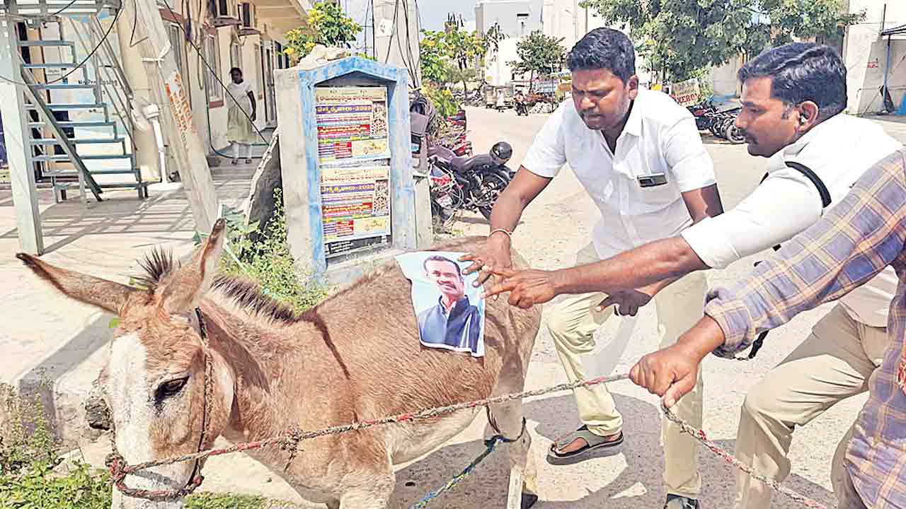 గాడిదపై మంత్రుల ఫొటోలతో ఊరేగింపు