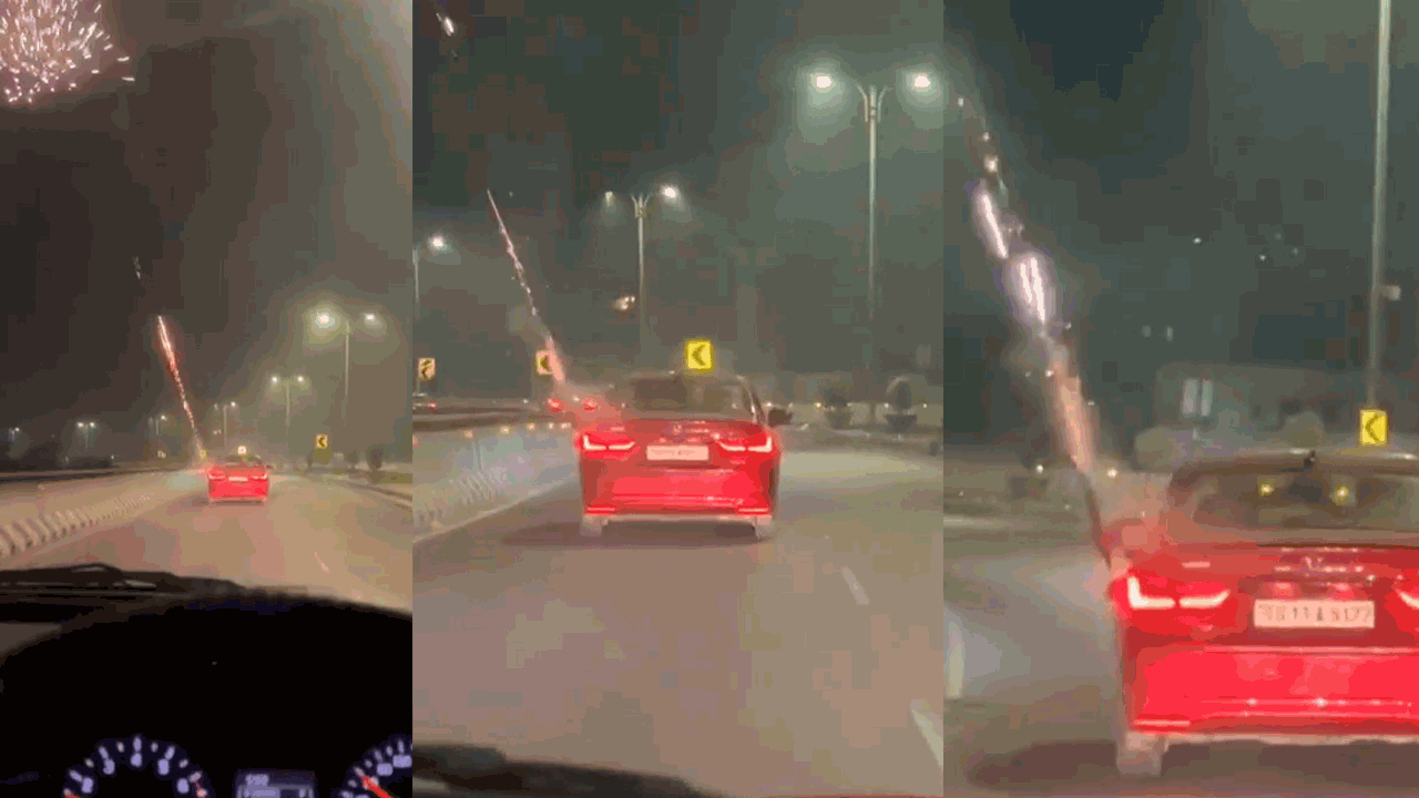 VIDEO | హైదరాబాద్‌లో రెచ్చిపోయిన ఆకతాయిలు.. కదులుతున్న కారులో నుంచి రాకెట్ షాట్స్ టపాసులు పేల్చి