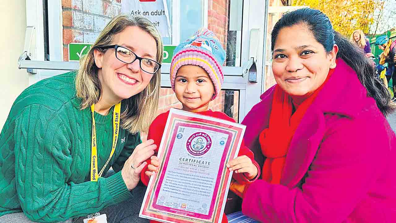 రెండేండ్ల చిన్నారికి తెలుగు బుక్‌ ఆఫ్‌ రికార్డ్స్‌లో చోటు