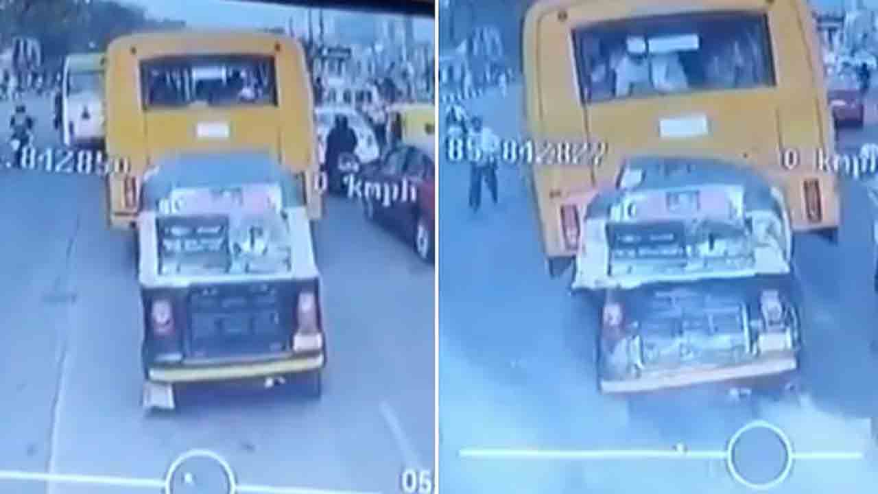 Watch: ట్రాఫిక్ సిగ్నల్ వద్ద ఆగిన ఆటో.. వెనుక వచ్చిన బస్సు, తర్వాత ఏం జరిగిందంటే?