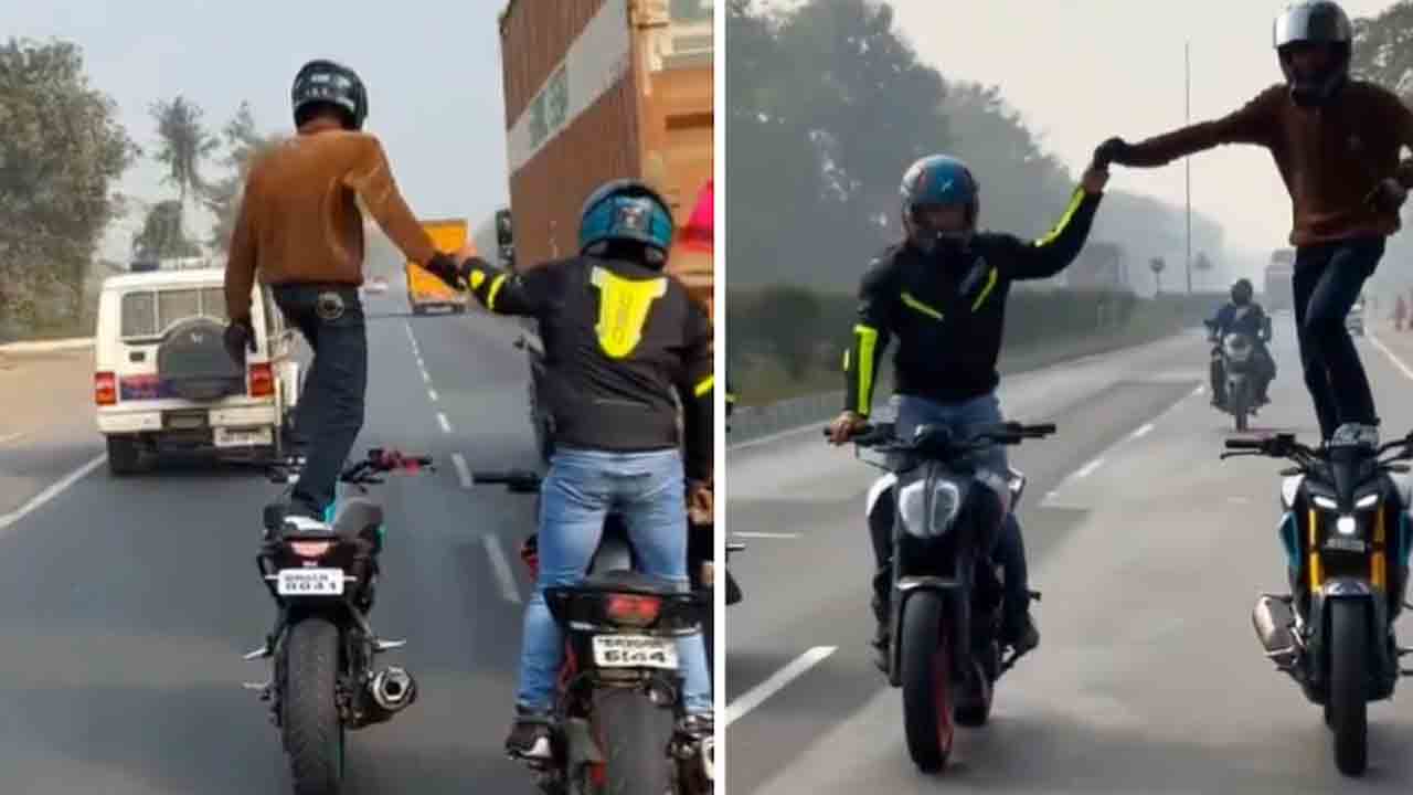 Watch: పోలీస్‌ వాహనం ముందే బైక్‌ విన్యాసాలు.. పట్టించుకోని పోలీసులు