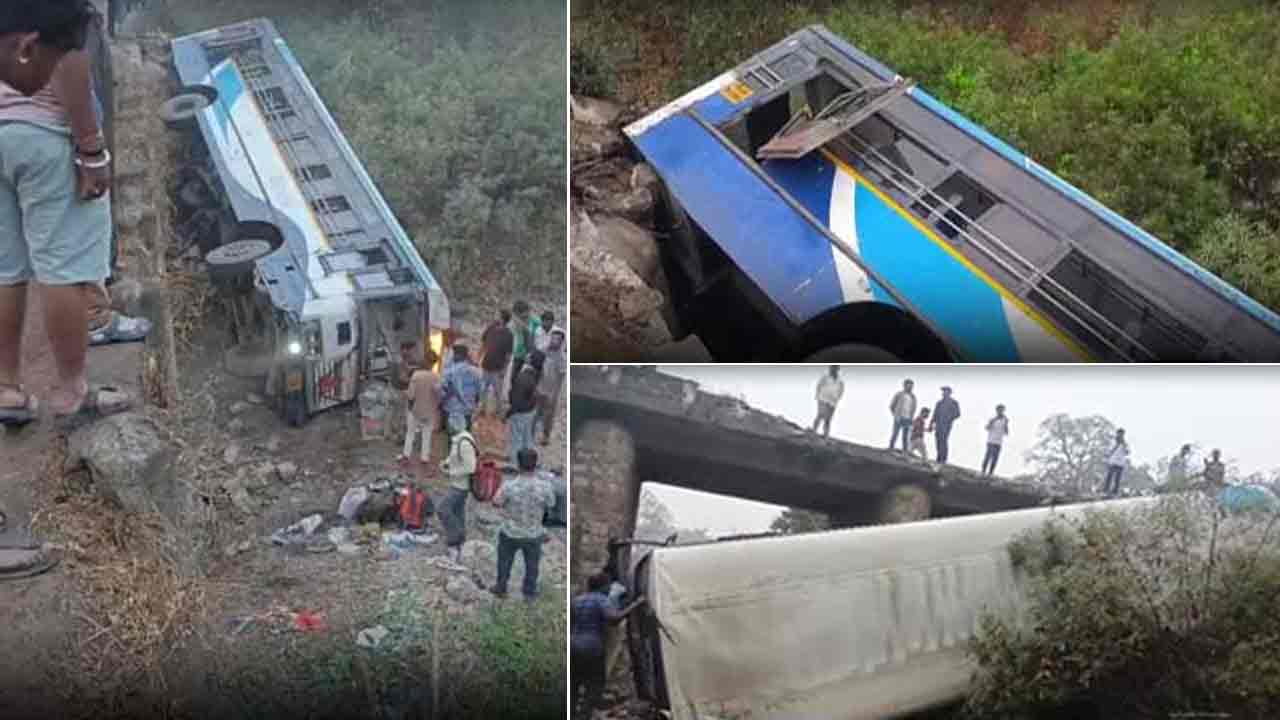 RTC Bus Accident | ఆదిలాబాద్ జిల్లాలో బ్రిడ్జిపై నుంచి కింద పడ్డ ఆర్టీసీ బస్సు