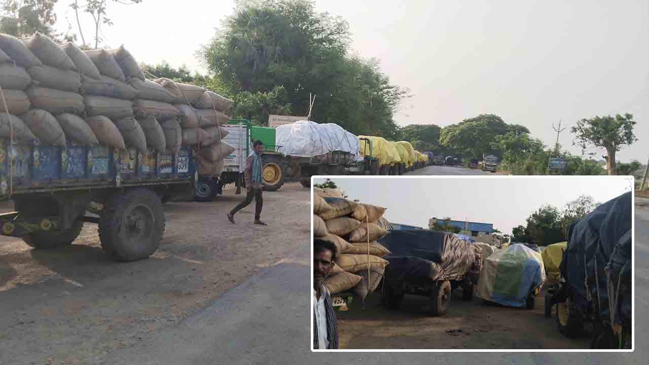 మొక్కజొన్న వాహనాల బారులు..