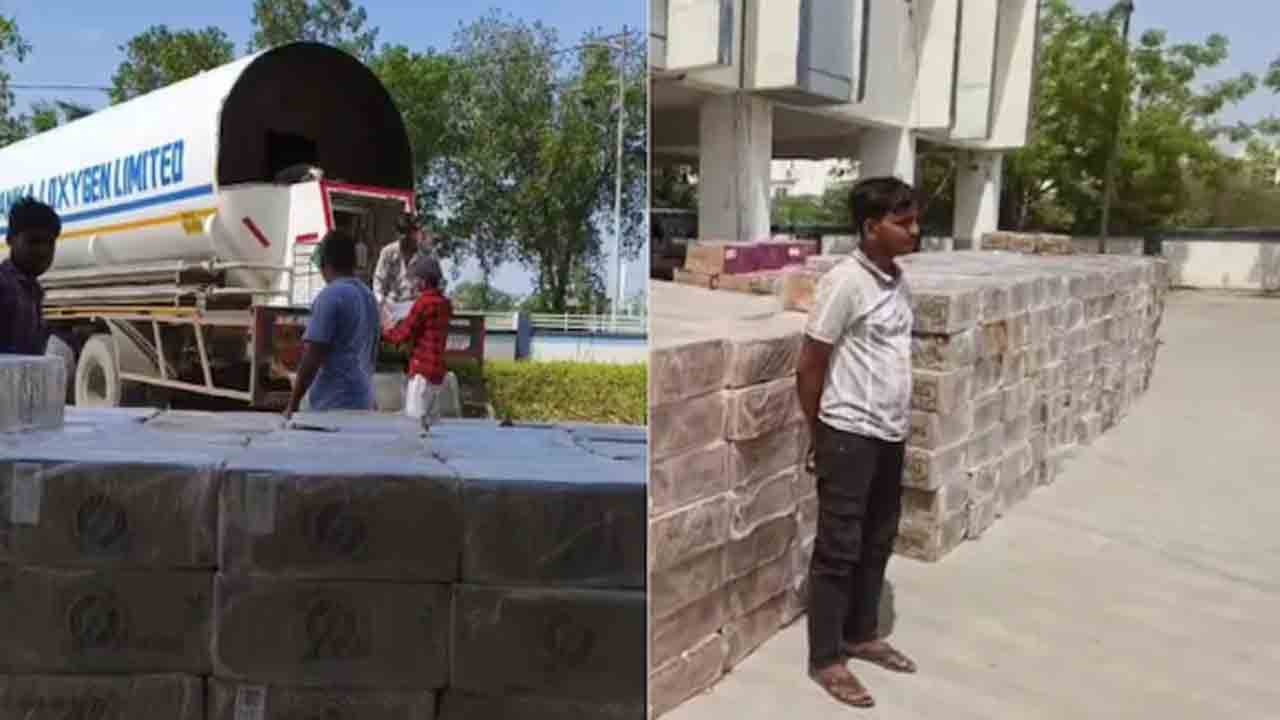 Liquor Hidden In Oxygen Tanker | ఆక్సిజన్‌ ట్యాంకర్‌లో దాచి అక్రమంగా   మద్యం రవాణా.. పట్టుకున్న పోలీసులు