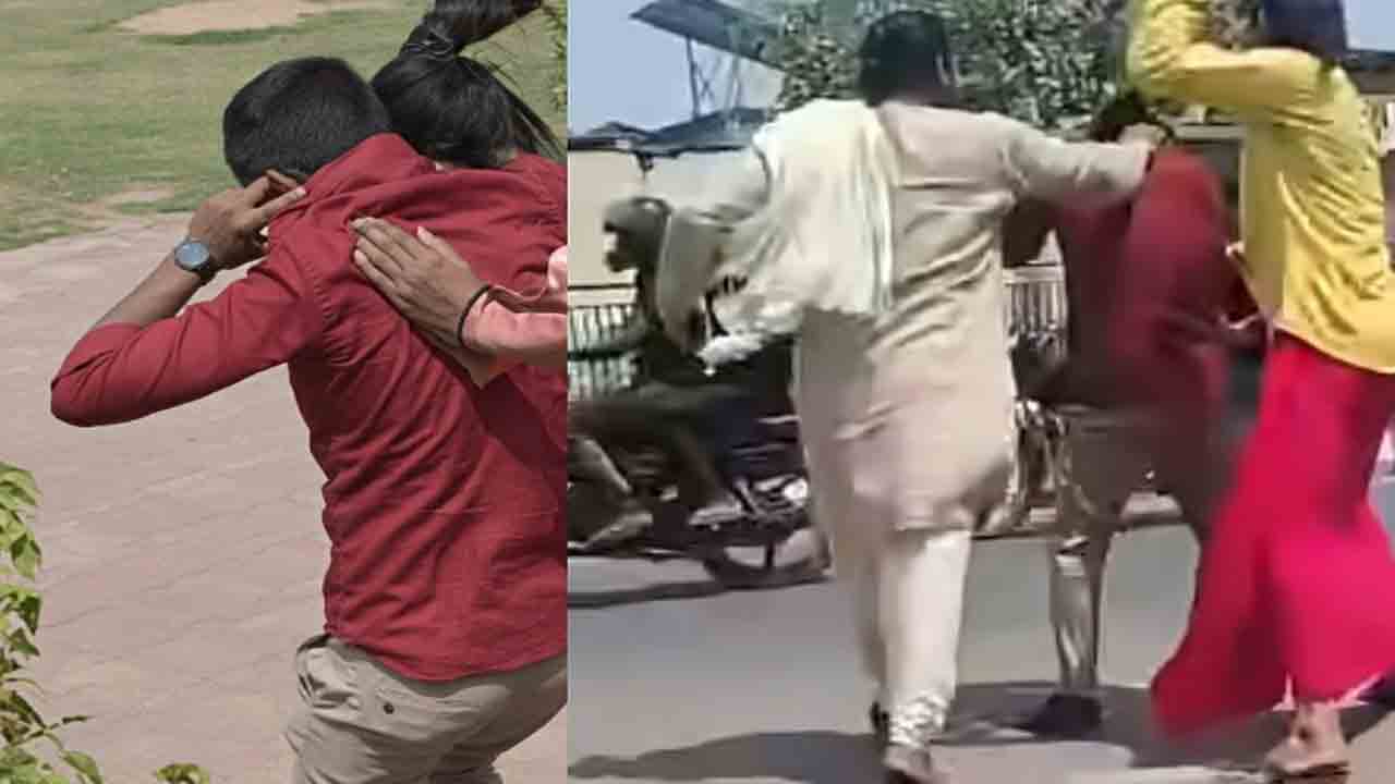 Watch: పార్కులో జంట.. వెంబడించి కొట్టిన సాధు వేషధారణ వ్యక్తులు