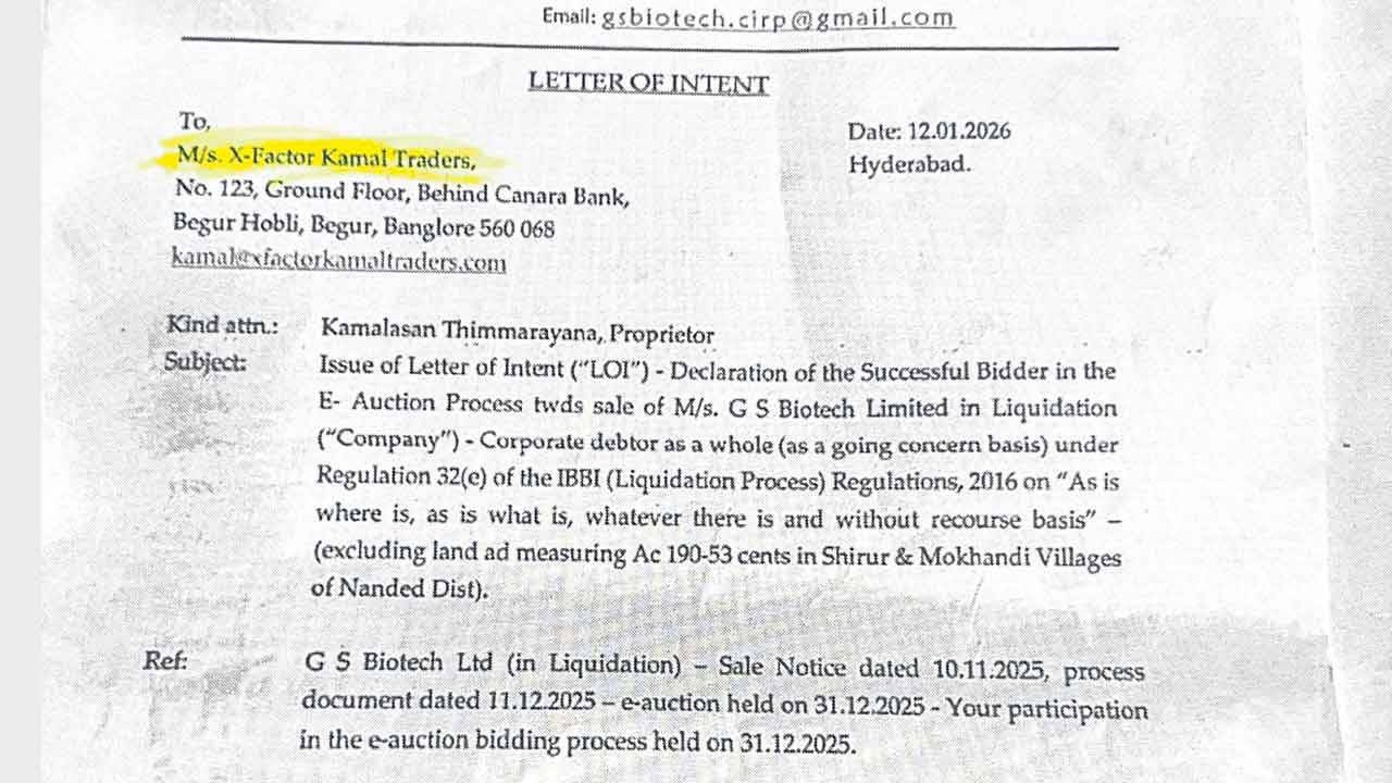 గత ఏడాది జీఎస్ బయోటెక్ లిమిటెడ్ భూముల ఈ-వేలంలో పాల్గొని సక్కెస్ బిడ్డర్గా నిలిచినట్లు బెంగళూరుకు చెందిన ఎక్స్-ఫ్యాక్టర్ కమల్ ట్రేడర్స్కు రాసిన లేఖ