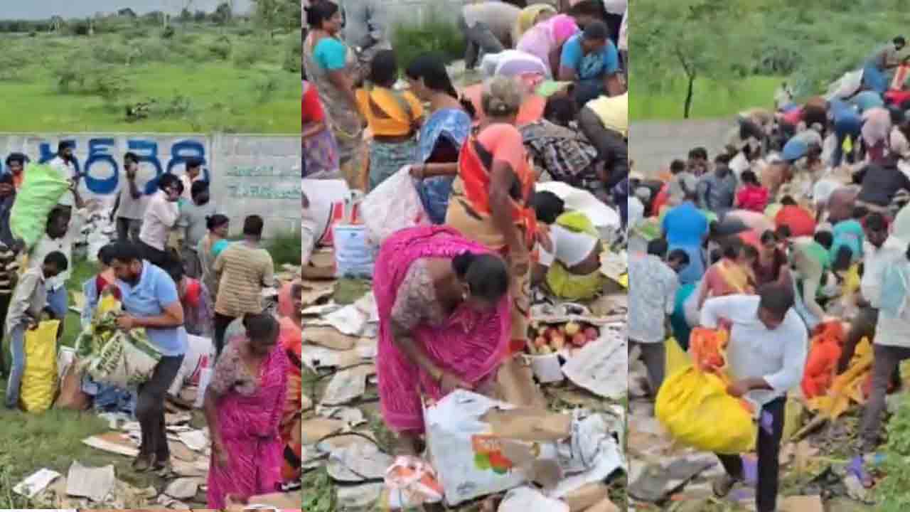 Apples | హైవేపై పండ్ల డీసీఎం బోల్తా.. క్షణాల్లోనే ఆపిల్స్ అన్ని ఎత్తుకెళ్లారు.. వీడియో
