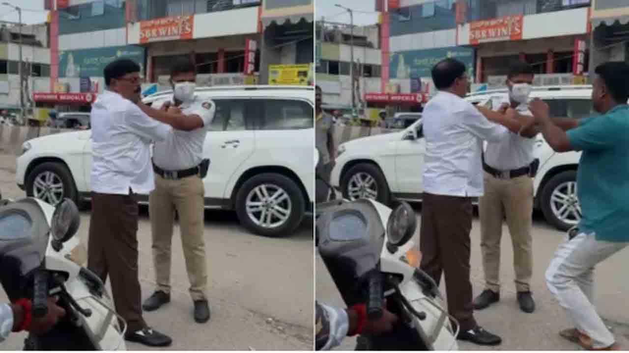 Watch: వాహనం ఆపినందుకు.. ట్రాఫిక్‌ పోలీస్‌పై జేడీఎస్‌ నేత దాడి