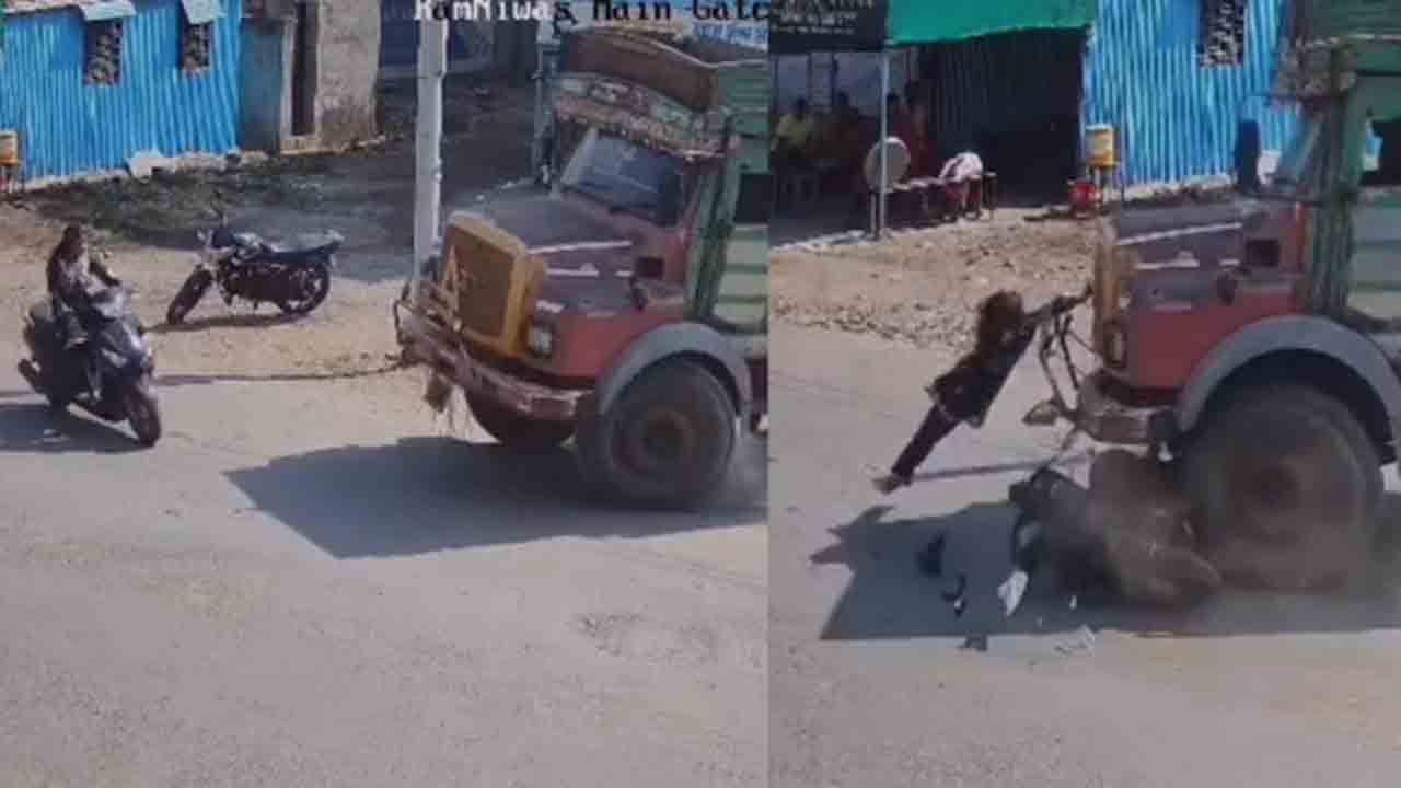 Watch: స్కూటీని ఢీకొట్టిన లారీ.. ప్రమాదం నుంచి యువతి ఎలా తప్పించుకున్నదంటే?
